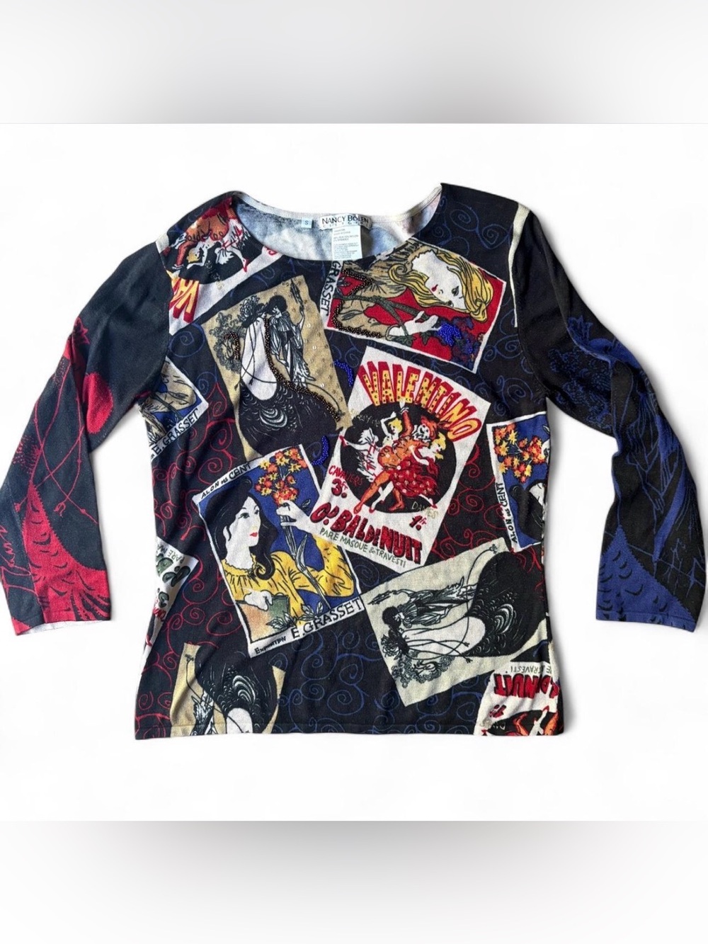 Nancy Bolen City Girl Silk Blend Graphic Art Poster Top Small Embellished Size S